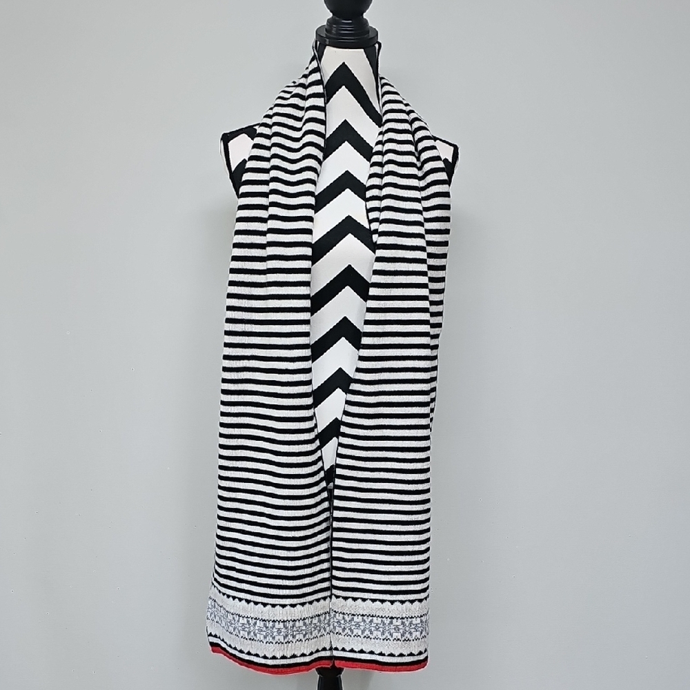 2016 J. Crew Black & White Stripe Wool Blend Knit Scarf Nordic Border Fair Isle